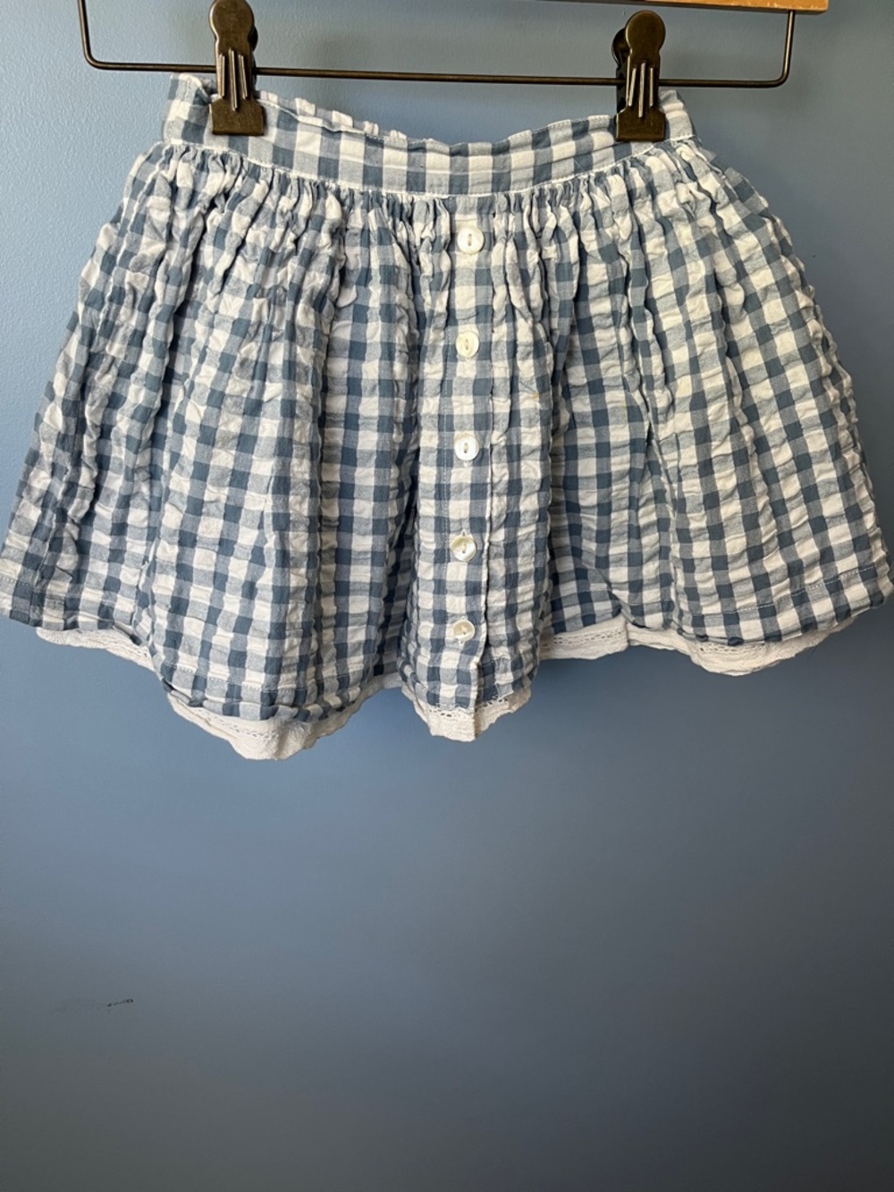 Blue Gingham Button-Front Mini Skirt